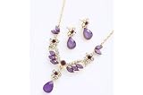 Fashion Necklace Earring Set V Shape with Purple Crystal in Golden Chain 18''