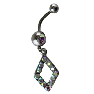 Opal Crystal CZ Dangle Belly Button Navel Ring Bar Silver - Diamond Shape Belly Button Ring