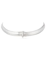 Italian Rhodium Plated Sterling Silver Ribbed Tube Cubic-Zirconia Magnetic Clasp Choker Necklace, 15"