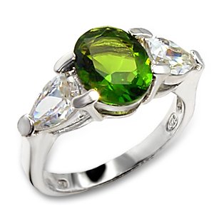 THREE STONE CZ RING - Sterling Silver Green Oval CZ Ring
