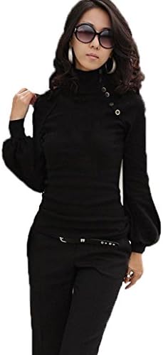 Women Plus Size High Collar Lantern Long Sleeve Blouse Button Sexy Tops Black
