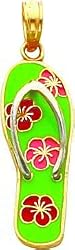 14K Gold Enameled Flowers on Green Flip Flop Pendant