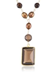 Gemstone Bezel and Faceted Round Bead, Chocolate Rice Shape Freshwater Cultured Pearl Gold over Silver Chain Necklace, 22"
