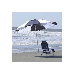 Blue and White 8 Ft Beach Umbrella with Tellon Coated Weatherproof Polyester Cover and Carry Bag / Uvf 50+