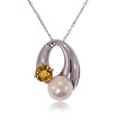 White Pearl and Round Citrine Pendant in Solid White Gold