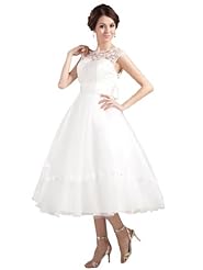 A-line Organza/Satin Lace Tea Length Wedding Dress 