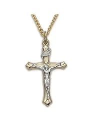 24K Gold Over .925 Sterling Silver Crucifix Pendant Necklaces in a 2-Tone Design Catholic Jewelry Crucifix Pendant Necklaces Gift Boxed w/Chain Necklace 18" Length Gift Boxed