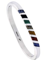 Sterling Silver Multi Color Stone Inlay Striped Bangle Bracelet Handmade, 1/4 inch wide,