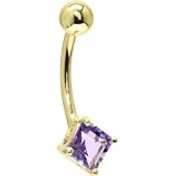 Solid 14KT Yellow Gold GENUINE Light AMETHYST Square Solitaire Belly Ring