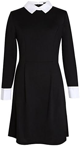 AmyTom Womens Casual Long Sleeve Black Stretch Peter Pan Collar Lapel Dress Asian L(US 6)