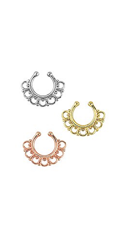 Plated Fake Septum Clicker Clip On Non Piercing Nose Ring Hoop Cartilage Tribal Fan 3/8