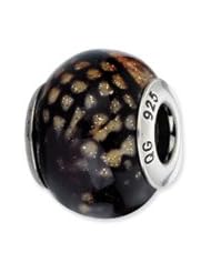 Sterling Silver Dk Brn And Black Glitter Overlay Glass Charm