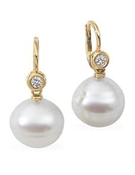 Jewelplus South Sea Cultured Pearl & Diamond Earrings 18K Yellow Pair 14.00 Mm Fine Circle