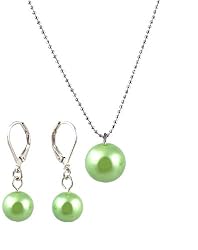 Necklace - Earrings Set - N504 - Glass Pearl Drop (10 mm) hung on 1 mm Ball Chain ~ Lime Green