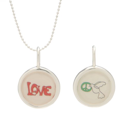 Sterling Silver Epoxy Peace and Love Reversible circle Picture Frame Pendant, 18