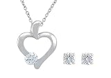 Platinum Plated Sterling Silver Open Heart Pendant with a Round Cubic Zirconia Accent and Round Stud Earrings Set