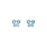 14K Yellow Gold March CZ Birthstone Butterfly Stud Earrings for Baby and Children (Aquamarine, Light Blue)