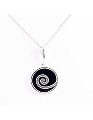 Original sterling silver 925 round pendant 22mm diametre in onyx with silver spiral motif. Comes with sterling silver chain 438 mm long. Matching earrings available. Designed and hand finished in France.