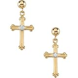 14K Yellow Gold Cross & Ball Diamond Dangle Earring