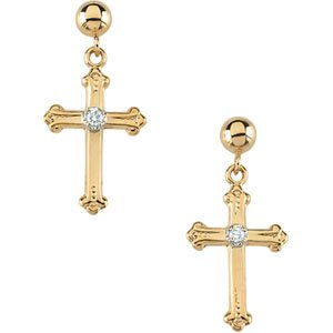 14K Yellow Gold Cross & Ball Diamond Dangle Earring