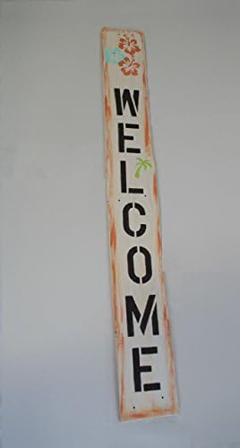 Double Sided Rustic Hawaiian Welcome Beach Sign, Front Porch or Entry Welcome Hibiscus with Palm Tree on Front, Merry Christmas on Back, 2 Sided Holiday