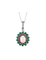 Emerald, Ruby and Opal Pendant Necklace 7.0 Carats (ctw) in Sterling Silver with Chain