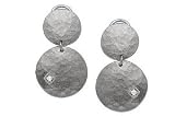 14K White Gold Hammer-Finish Matte Drop Earrings, Enhanced with Bezel Set Diamonds.