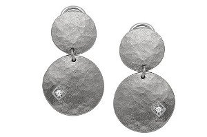 14K White Gold Hammer-Finish Matte Drop Earrings, Enhanced with Bezel Set Diamonds.