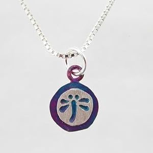 Tiny & Cute Round Dragonfly Pendant in Sterling Silver with a Patina Finish on 16" Box Chain, #9105