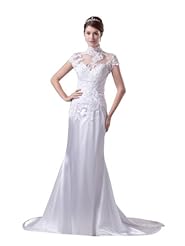 Satin Cap Sleeves Applique Sequined Lace Turtleneck Mermaid Spring Fall Party Dress/Wedding Dress  with a Court Train 