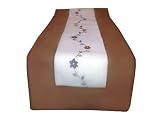 Handmade, Raw Cotton Table Runner with Delicate Embroidered Flowers and a Khaki Border