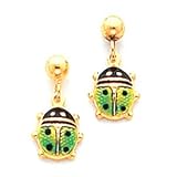 Earrings - 14k Gold Green and Black Ladybug Enameled Dangle Post Earrings
