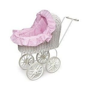 Wicker Doll Carriage with Pink Gingham Liner