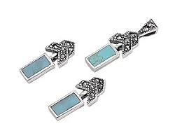 Sterling Silver Marcasite Pendant and Earrings Set - Rectanglular Turquoise with Gems