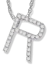 14K White Gold Diamond "R" Initial Pendant, 16" Necklace