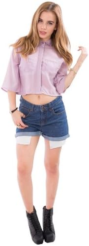 Hidden Fashion Ladies Semi Sheer Chiffon Crop/Cropped Collared Shirts/Tops/Blouses [LILAC_6]