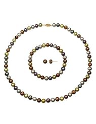 7-8mm, Dark Multicolor Freshwater Pearl Necklace, Stretch Bracelet, And Button Earring Stud Set in 14K Yellow Gold