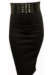 Rockabilly Pinup High Waist Belted Fitted Black Sexy Skirt L