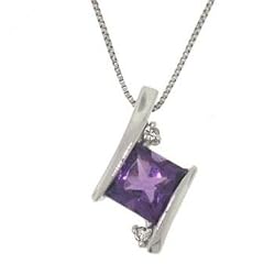 Princess Amethyst & Diamond Pendant & White Gold Necklace 18 Inch Box