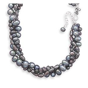 Grey Pearl Three-Strand Necklace Sterling Silver Adjustable Length 17 to 19 inches