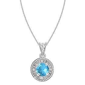 10k White Gold, December Birthstone, Coated Blue Topaz and Diamond Pendant by Blue-Topaz Necklaces