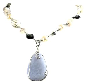 Designer Alex Carol Agate Stone Wire Wrap Pendant Necklace on Pearl, Abalone Shell, White Turquoise Stone & Crystal Accented Chain Silver Tone
