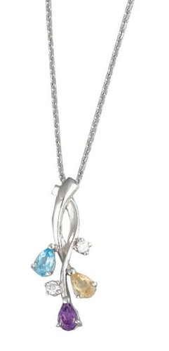 14K White Gold Hand-Crafted Designer Curve-Shaped Pendant, Enhanced with Prong Set Diamonds and Semi Precious Stones, Sliding on a 16'' Cable-Chain Necklace.(GH-Color, SI-Clarity, c.t.t.w.0.07CT).