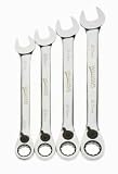 JH Williams MWS-4RC 4 Piece Gear Reversible Ratcheting Combination Wrench Set, High Polished Chrome Finish, 12 Point, Metric, in Roll Pouch