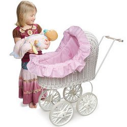 Wicker Doll Carriage with Pink Gingham Bedding