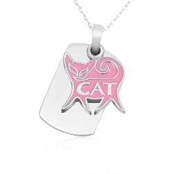 Pink Cat and Dogtag Design with Paws Pewter Pendant 15" Chain Necklace with 2" Extension
