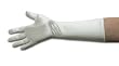 8-Button Length Dyeable White Slip-on Gloves, Shiny Stretch Satin, cuff extends 8" above the wrist bone, below the elbow.