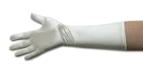8-Button Length Dyeable White Slip-on Gloves, Shiny Stretch Satin, cuff extends 8" above the wrist bone, below the elbow.