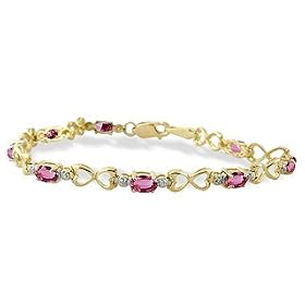 14K Yellow Gold Genuine Oval Pink Tourmaline and Diamond Bracelet by Jewels For Me