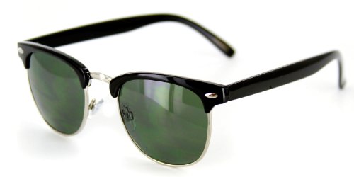 Retro Sun Sunglasses with Vintage Frames and Dark Tint for Modern, Stylish Men and Women (Black/Chrome w/ Green Lens)